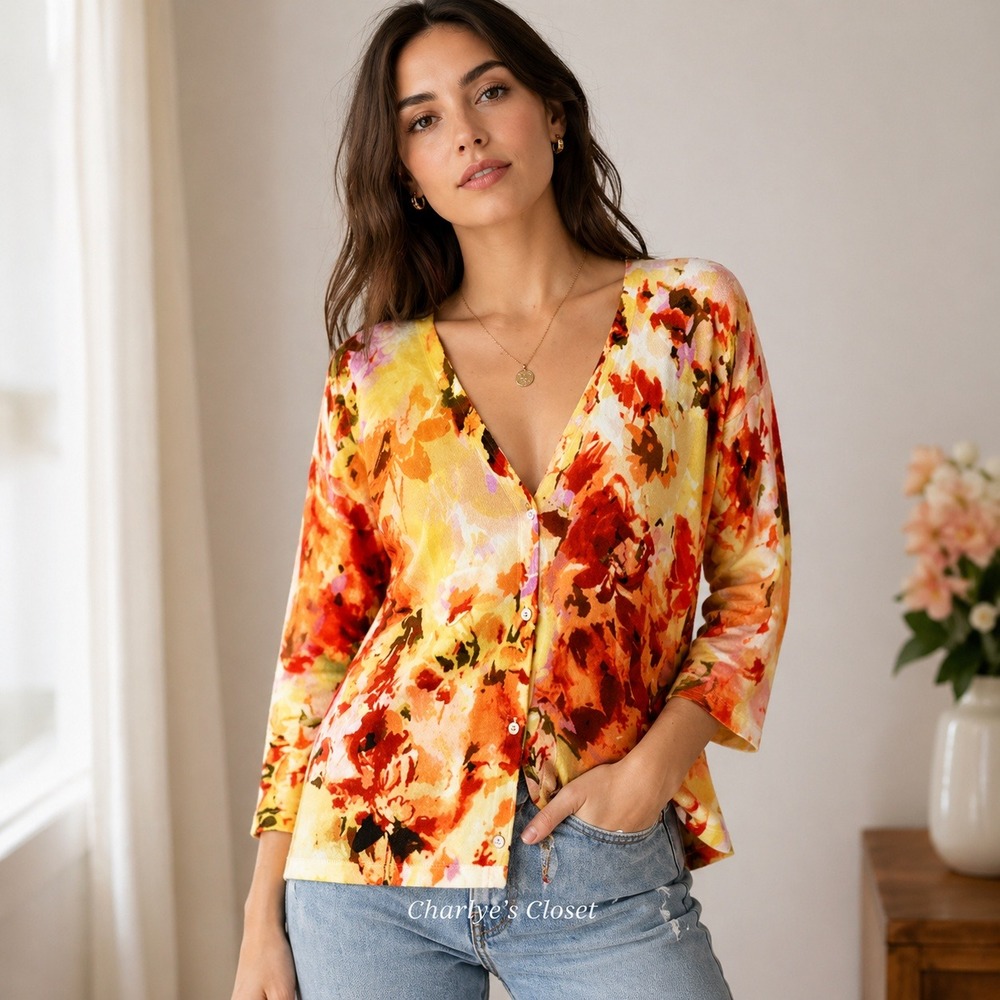 Jones New York Floral Cardigan Women L Orange Yellow V-Neck Casual Layering